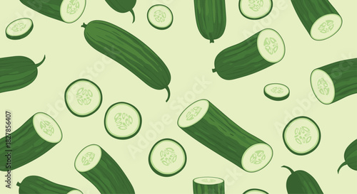 Refreshing seamless pattern featuring various whole cucumbers and perfectly sliced cucumber rounds on a soft light green background.
