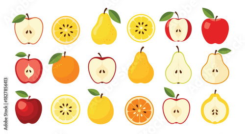 Vibrant collection of fresh fruits including whole and sliced red apples yellow pears and various citrus fruits showcasing their juicy texture.