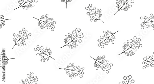 Delicate seamless pattern featuring elegant line art illustrations of leafy branches adorned with small berries on a crisp white background.