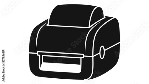 Clean, minimalist black silhouette icon of a modern desktop thermal label printer, essential for business, logistics, an