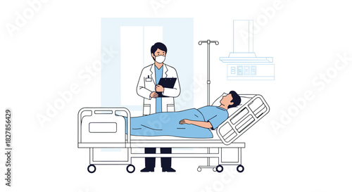 Caring doctor wearing a face mask standing beside a patient resting in a hospital bed within a sterile medical room.