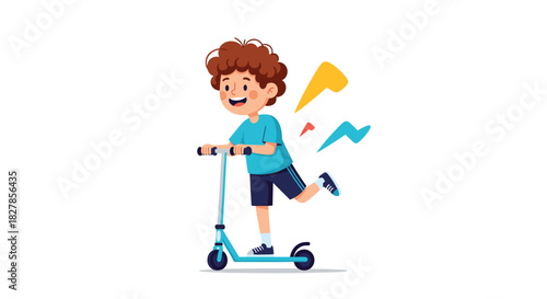 Happy and energetic young boy with curly brown hair joyfully riding a kick scooter with abstract lightning bolt shapes.