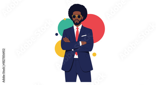 Stylish confident black man with an afro sunglasses and a suit standing with crossed arms against colorful abstract background circles.