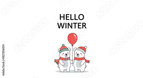Adorable pair of polar bears dressed in cozy winter hats and scarves holding a red balloon with a "HELLO WINTER" greeting.