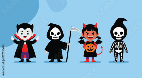 Group of four adorable children dressed in festive Halloween costumes including a vampire grim reaper devil and skeleton.