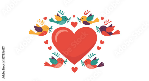 Vibrant red heart emblem surrounded by six colorful birds gracefully carrying leafy branches and smaller hearts symbolizing love and peace.