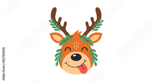Cheerful cartoon reindeer face with expressive antlers and leafy wreaths sticking out its tongue showing playful joy.