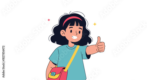 Cheerful young girl with black wavy hair and a headband giving a confident thumbs-up gesture with a shoulder bag.