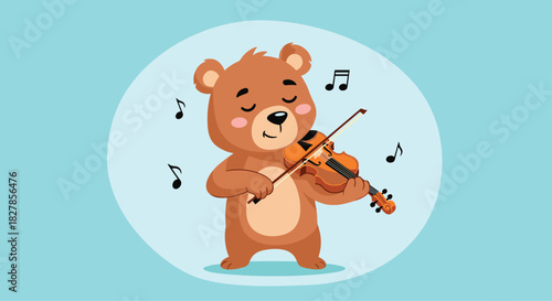 Adorable cartoon bear skillfully playing the violin with musical notes gracefully floating around within a light blue circle.