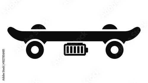 Electric skateboard with battery icon, modern personal urban transportation vehicle, eco-friendly street sport equipment
