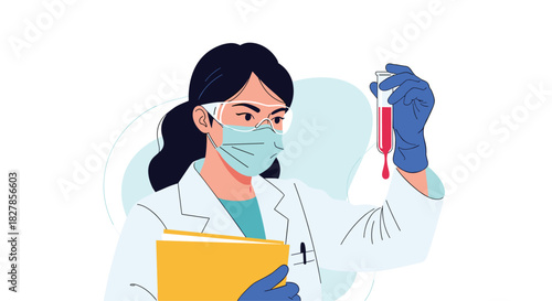 Dedicated female scientist wearing a lab coat face mask and safety goggles holding a test tube with red liquid and a folder.