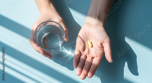 Morning health ritual a person holds a vitamin pill and a glass of pure water