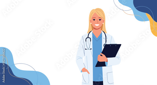 Confident and smiling female doctor with blonde hair wearing a lab coat and stethoscope holding a clipboard with abstract background shapes.