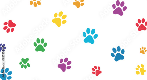 Playful and vibrant seamless pattern featuring scattered colorful animal paw prints in various shades on a clean white background.