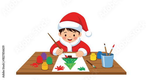 Joyful child wearing a festive Santa hat and red coat happily painting a colorful Christmas tree at a wooden table with paints.