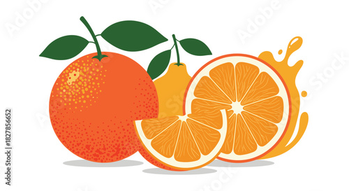 Fresh and juicy composition of whole oranges sliced orange pieces and a refreshing splash of orange juice on a white background.