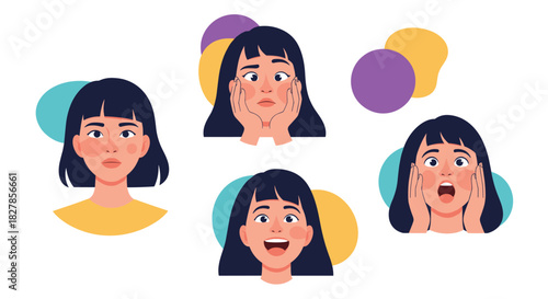 Set of four distinct female facial expressions showing neutral worried happy and surprised emotions with abstract background elements.