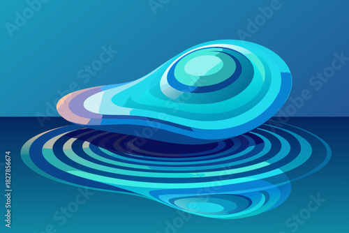 Abstract blue organic shape on rippling water with reflection and gradient background vector illustration