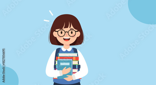 Cheerful and enthusiastic schoolgirl with glasses and a backpack holding a tall stack of books on a light blue background.