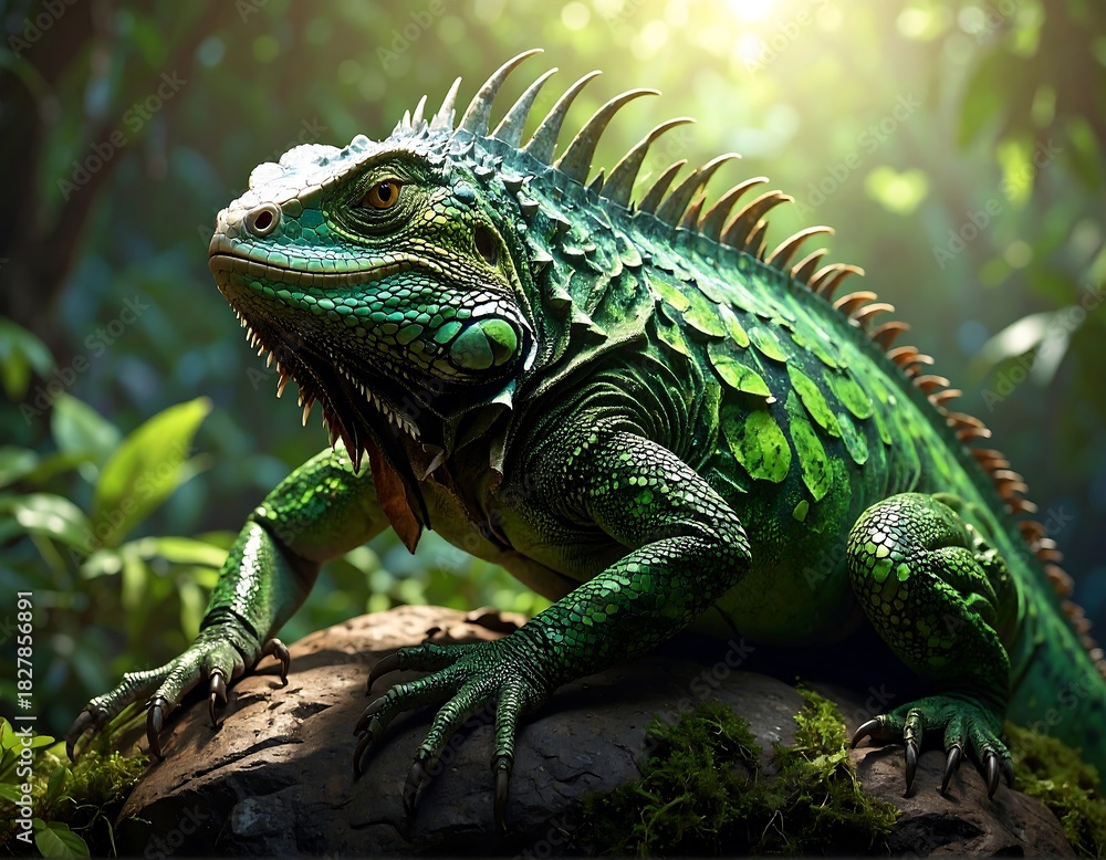 Obraz premium A vibrant, detailed image of a large, green iguana basking in sunlight within a lush, green jungle environment. The reptile's skin is finely textured