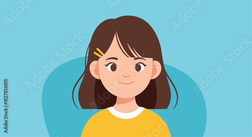 Portrait of a smiling young girl with brown shoulder-length hair wearing a bright yellow t-shirt on a blue background.