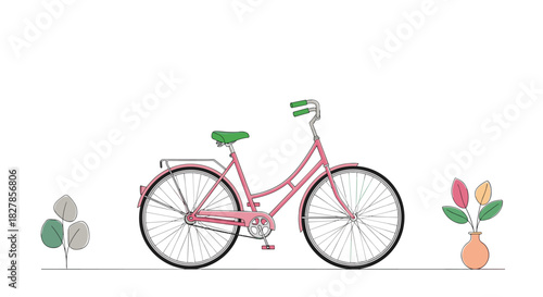 Charming pink vintage bicycle with a bright green seat positioned between two simple potted plants on a minimalist white background.