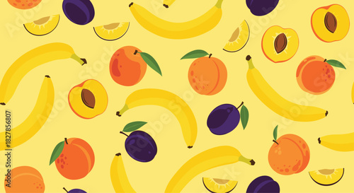 Bright and cheerful seamless pattern featuring a variety of fresh summer fruits including bananas peaches and plums on a vibrant yellow background.