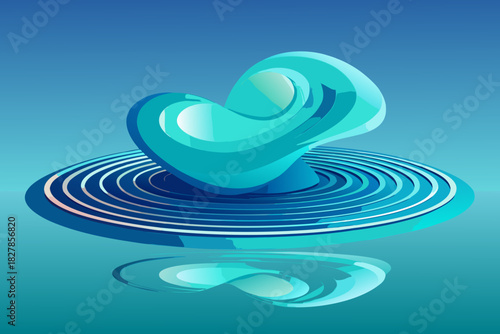 Abstract turquoise heart shape on rippling water with reflection vector illustration