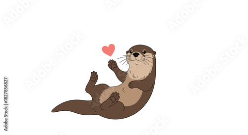 Adorable cartoon otter lying on its back waving with a paw and a heart above its head on a clean white background.