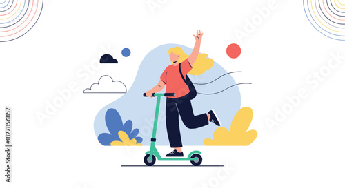 Happy blonde woman enjoying urban mobility, riding an electric scooter and waving enthusiastically against a dynamic abstract background.