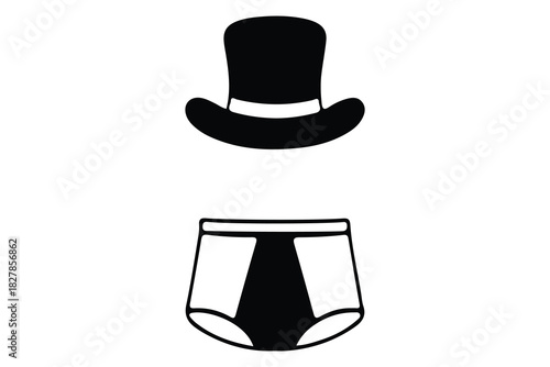Simple black silhouette of a top hat and underwear isolated on white background