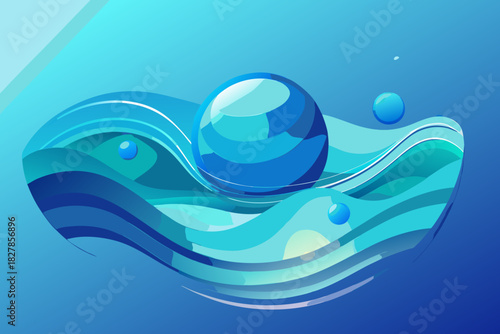 Blue sphere on abstract wavy water surface with bubbles and gradient background wave