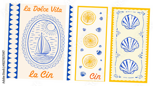 Decorative tile panels featuring nautical themes citrus and seashell illustrations