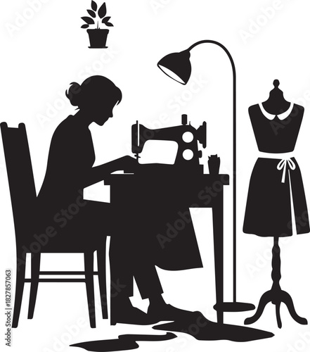 Silhouette of a woman sewing at a machine with dress form and lamp creating a crafting hobby scene