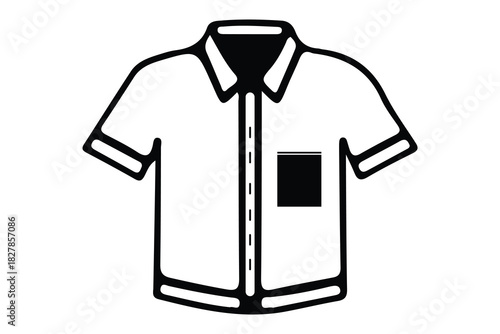 Simple line art illustration of a white short sleeve button down shirt with pocket isolated on white background