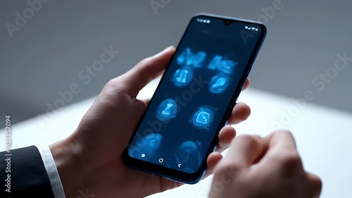 Wallpaper Mural Person Holding Smartphone With Blue UI Icons Displayed Against White Backdrop in Dim Lighting Wearing Black Suit Jacket Torontodigital.ca