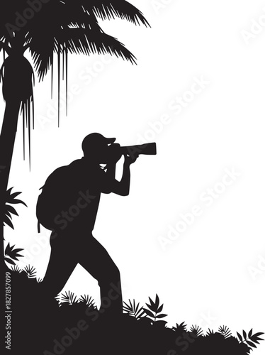 Silhouette of a photographer with camera and backpack exploring a lush tropical jungle