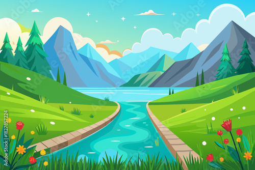 Expansive Mountain Lake and River Scene with Lush Greenery nature