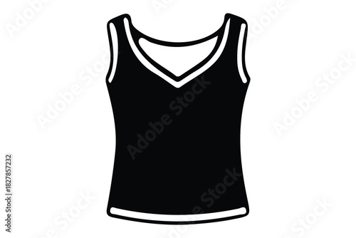 Simple black sleeveless v neck tank top with white trim isolated on white background