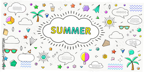 A colorful summer themed doodle illustration with various icons and text