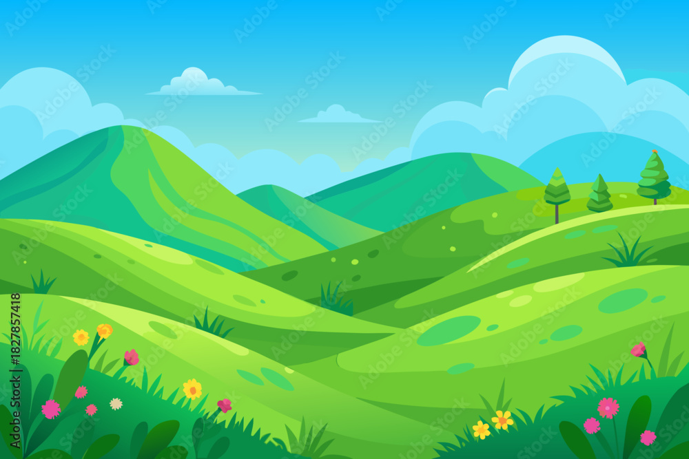 Fototapeta premium Gentle green hills with scattered trees and colorful flowers under a blue sky Keywords: rolling hills, green landscape, nature, countryside