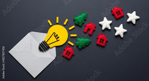 Creative Holiday Marketing Ideas: Bright light bulb emerging from an envelope with festive decorations