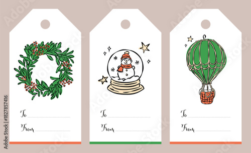 Gift tags with Christmas doodles. Holiday gift badges.