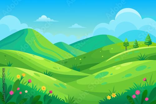 Gentle green hills with scattered trees and colorful flowers under a blue sky Keywords: rolling hills, green landscape, nature, countryside