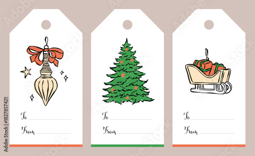 Gift tags with Christmas doodles. Holiday gift badges.