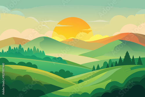 Gentle Rolling Hills and Mountains at Sunrise with Sun and Clouds landscape nature