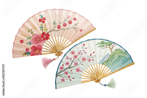 Traditional Chinese Paper Fan Watercolor vector illustration isolated on white background