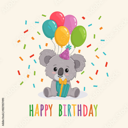 Cute cartoon koala with gift and balloons. Koala in flat style for greeting card, book, activity page. Happy birthday postcard. Vector illustration