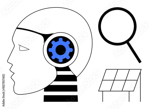 Human head with embedded gear, magnifying glass, and solar panel representing technology, AI, renewable energy, and innovation. Ideal for education, science, sustainability innovation AI clean