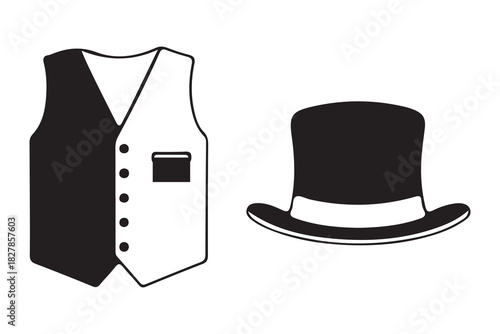 Classic formal attire including a black and white waistcoat and a black top hat isolated on white background